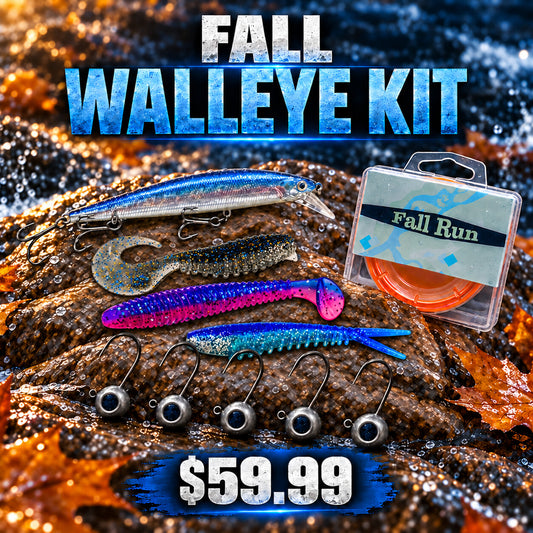 Fall Walleye Kit featuring varied Twin Cities Tackle plastics, crankbait, jig heads and braided line